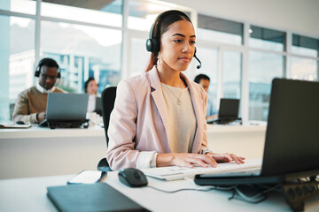 Poster - Business woman, call center and laptop in customer service, telemarketing or support at office. Female person, consultant or agent with headphones in contact us, online advice or help at workplace