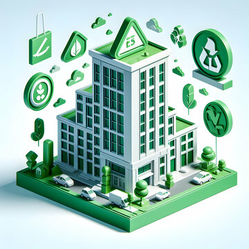3d Flat Icon Green Building Standards Concept Icons representing LEED certification and sustainable architecture with white background and isolated fantasy digital innovation 