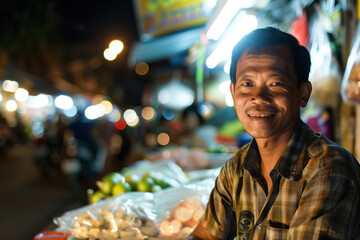 A simple street market seller in front of his stand stall. Blurred background with bokeh. Created with Generative AI technology.