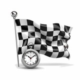 Fototapeta  - A checkered flag with a stopwatch on a white background. Racing, the concept of start, finish