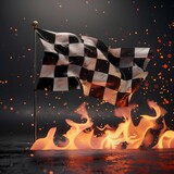 Fototapeta  - Burning checkered flag, racing, start and finish concept