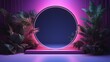 © Liliia - Mirror on the wall beside a purple wall and leafy greenery. Circle frame mockup with tropical leaves