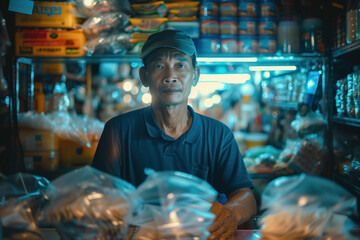 A simple street market seller in front of his stand stall. Blurred background with bokeh. Created with Generative AI technology.