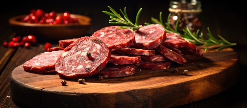 Food recipe Wooden cutting board with sliced red meat sausage and fresh rosemary, perfect ingredient for a delicious beef or pork dish