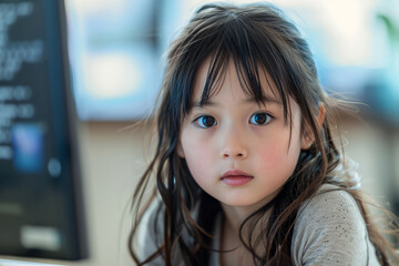 Wall Mural - young girl with long hair and a white sweater is sitting in front of a computer monitor looking at the camera with a serious expression on her face. Computer monitor. Japanese tween model girl.