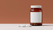 A medication bottle with a blank label beside scattered white pills against a plain brown background, depicting healthcare and pharmaceuticals.
