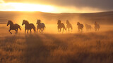 Fototapeta Konie - Silhouetted Horses Running at Sunrise in a Misty Field
