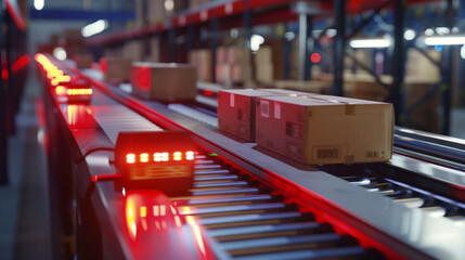 Poster - A close-up of a barcode scanner in action, swiftly reading labels on packages as they move along a conveyor belt. 8K -