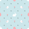 Easter Seamless Pattern with Easter bunnies, eggs, flowers, birds. Happy Easter design. Vector illustration on blue background with polka dots
