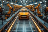 Fototapeta  - A shiny orange car passes through an assembly line with multiple robot arms, depicting cutting-edge automotive manufacturing