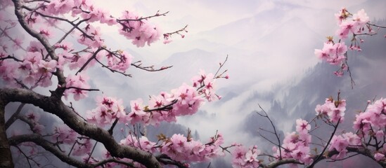 Wall Mural - A flowering plant with pink flowers on a twig against a cloudy sky, creating a beautiful contrast of colors and natures art in shades of magenta