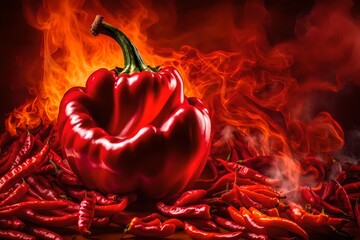 Wall Mural - red hot chili peppers, Spice up your senses with a fiery chili pepper set against a bold red background, enveloped in swirling flames and billowing smoke