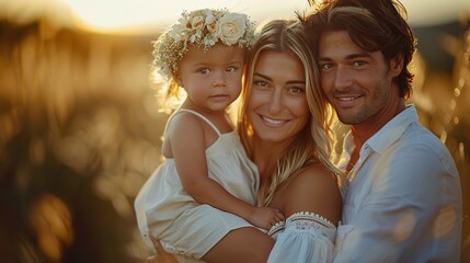 Young beautiful family with a little kid hug, kiss and walk in nature at sunset