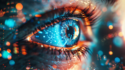 Wall Mural - A human eye surrounded by virtual holographic elements representing biometric data for secure digital identification, highlighting the future of surveillance technology. 8K. -