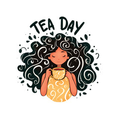 Sticker - Tea Day A woman with curly hair is holding a cup of tea