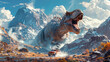 A large, ferocious Tyrannosaurus Rex roaring next to a speeding orange off-road vehicle in a desert canyon