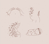Fototapeta Dinusie - Pregnancy symbols female torso, silhouette of a pregnant woman, sleeping child drawing in floral hand-drawing style on with brown beige background