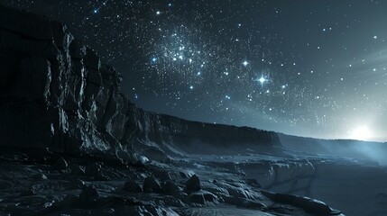 Poster - Majestic night sky over icy landscape, stars glimmering above snow-covered cliffs. peaceful, cold nature scene. ideal for backgrounds and wallpapers. AI