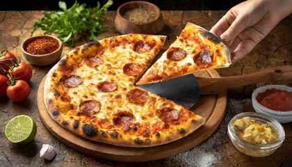 wood fire cheesy pizza slice in hand. traditional hawaiian and salami pizza savory dish flavour of o