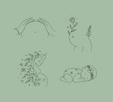 Fototapeta Dinusie - Pregnancy symbols female torso, silhouette of a pregnant woman, sleeping child drawing in floral hand-drawing style on green background
