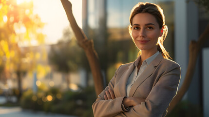 Confident Businesswoman portrait smiling with copy space and gold hour lightning, office in background.