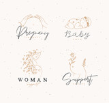 Fototapeta  - Pregnancy labels female torso, silhouette of a pregnant woman, sleeping child with lettering drawing in floral hand-drawing style on beige background