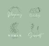 Fototapeta Dinusie - Pregnancy labels female torso, silhouette of a pregnant woman, sleeping child with lettering drawing in floral hand-drawing style on green background