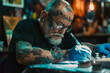 Tattoo artist working on a tattoo machine in his workshop