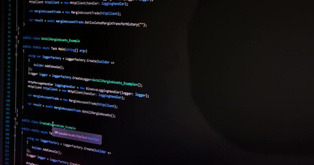 hacker scrolls program code on notebook computer, cyber security concept
