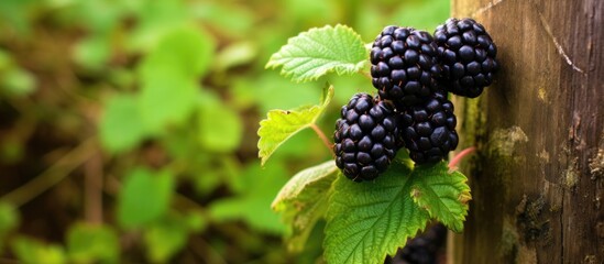 Wall Mural - A cluster of Boysenberries, a seedless fruit similar to Blackberries, grows on a Bramble plant in the yard of a house, providing natural food