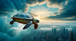 Surreal image giant turtle glides through clouds above a sleeping city, blurring reality and dreams