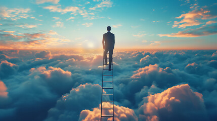 A solitary figure stands atop a ladder reaching above the clouds, facing the horizon as the sun sets, evoking a sense of ambition and aspiration