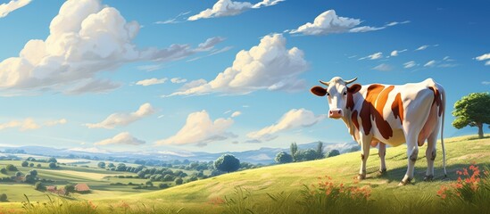 Sticker - In a rural area, a cow peacefully grazes on a grassy hill overlooking a vast grassland landscape. Fluffy clouds decorate the clear sky above, creating a picturesque natural scene in the ecoregion