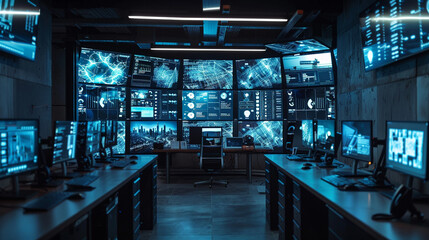 Poster - A security monitoring station with multiple screens displaying synchronized footage from CCTV cameras, enabling seamless coordination and response to security incidents. 8K. -