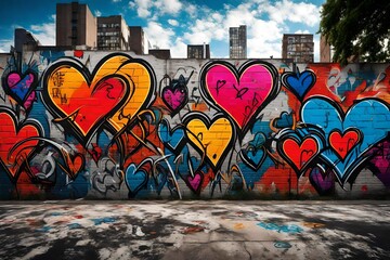 graffiti on the wall, Immerse yourself in the vibrant energy of urban culture with an AI-generated image of bright modern graffiti adorned with hearts on a concrete wall