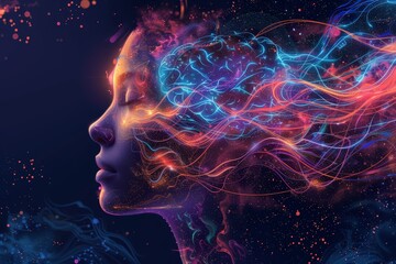 Poster - A colorful and detailed illustration of the human head with intricate patterns representing different mental concepts, surrounded by glowing energy waves symbolizing complex thoughts or emotions. 