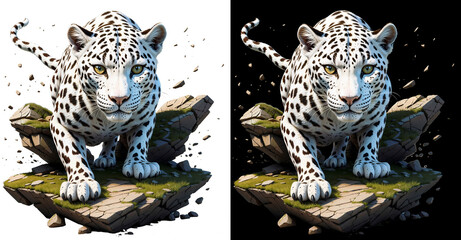 Wall Mural - White leopard wild animal walking on isometric ground. Isolated with transparent background, clipart sticker t shirt design for dtf or dtg