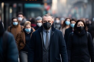 Poster - Crowd of people wearing masks walking city street