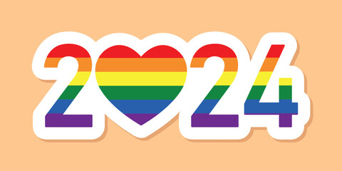 2024 LGBT Pride Flag, Gay community, pride month, LGBTQ rainbow flag colors, numbers with heart, vector sticker