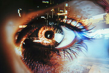 Wall Mural - Close up of a woman's eye with digital coding. Data hacker concept. Artificial intelligence