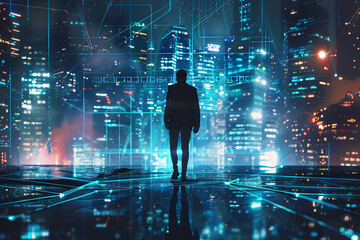 Wall Mural - Concept of business technology A cyberpunk-inspired professional businessman strolls over a futuristic network metropolis backdrop with a futuristic interface graphic at night.