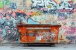 trash can sits in front of a graffiti-covered wall. colorful and chaotic environment