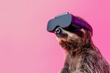 Fototapeta Do akwarium - Tech-Savvy Sloth: Happy Sloth in Virtual Reality Headset on Pastel Pink Background. With blank copy space. Technology and virtual reality.
