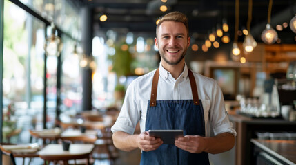 Sticker - smiling young man standing in a restaurant, holding a tablet