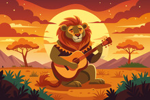 A
 Lion Playing A Guitar And Singing Under A Savann