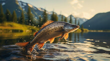 Close Up Of Fish Rainbow Trout Jumping From The Water With Bursts In High Mountain Clean Lake Or River, At Sunset Or Dawn, Picturesque Mountain Summer Landscape. Copy Space.