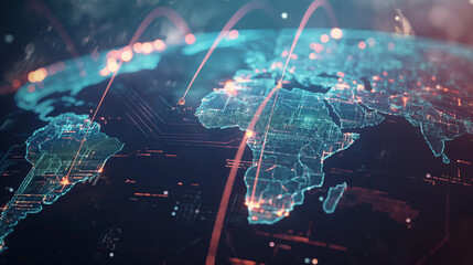 Abstract digital world map, concept of global network and connectivity on Earth, data transfer and cyber technology, information exchange and international telecommunication