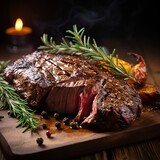Fototapeta Dziecięca - Delicious grilled pork beef steaks sliced and Barbecue chuck beef ribs with wooden cutting board