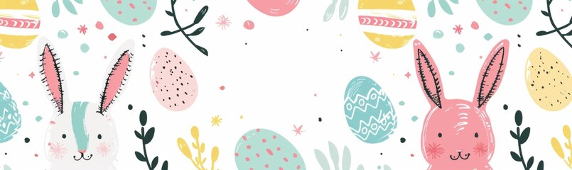 Wall Mural - A pattern with hand drawn bunnies and eggs, their forms adorned in soft pastel hues Generative AI