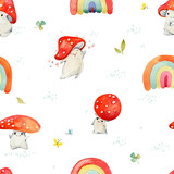 Fototapeta Zwierzęta - Hand Drawn Seamless Waterco Pattern with Cute Kawaii Mushrooms. Cute drawing doodle cartoon characters. Design for scrapbooking, paper goods, background, wallpaper, fabric 